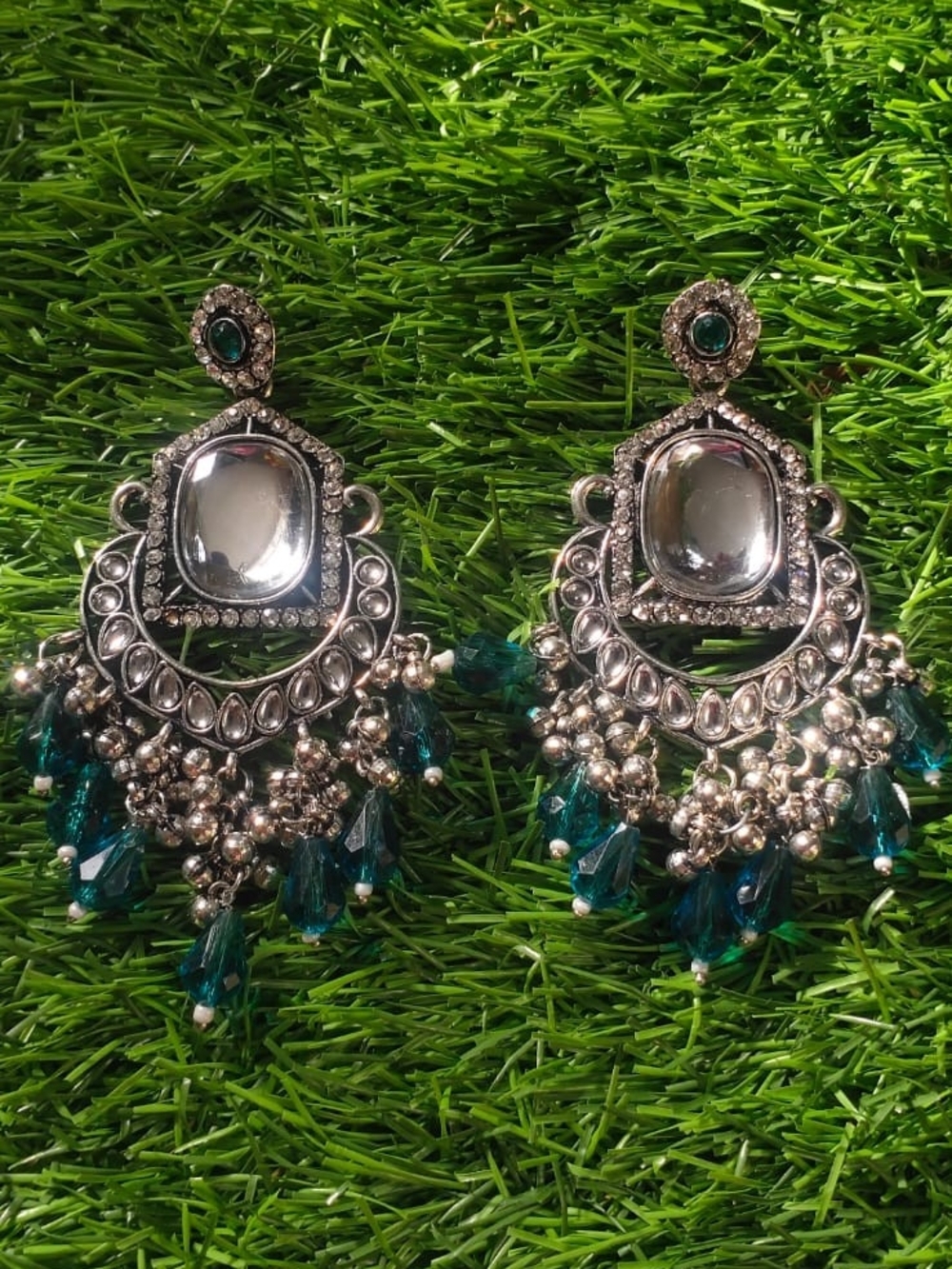 Silver-Tone Green Crystal Chandbali Earrings - Unbranded🌷🌷🌷